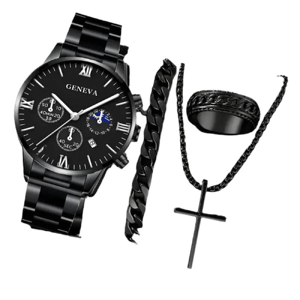 4PCS Men's Stainless Steel Quartz Watch Set (W118-B)