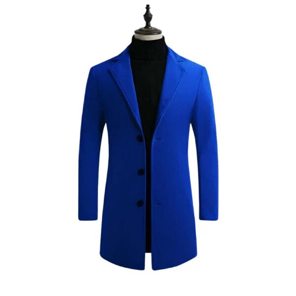 Men's Cotton Wool Blend Long Windbreaker Coat (Black Sky Blue)