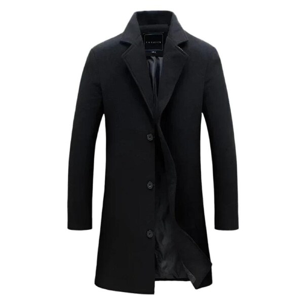 Men's Cotton Wool Blend Long Windbreaker Coat (Black)