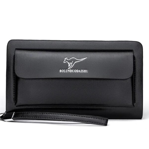 Men Leather Clutch Bag Double Zipper Business (Black)