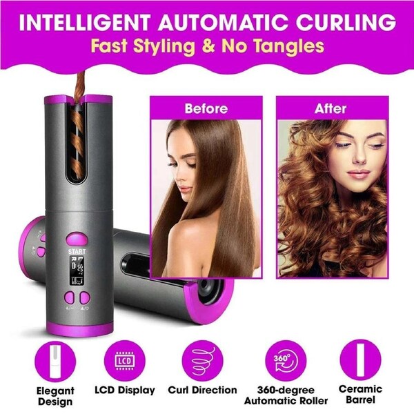 Auto Hair Curler Women's Cordless Curler - Portable Curling Iron Barrel LCD Display - Work Camping