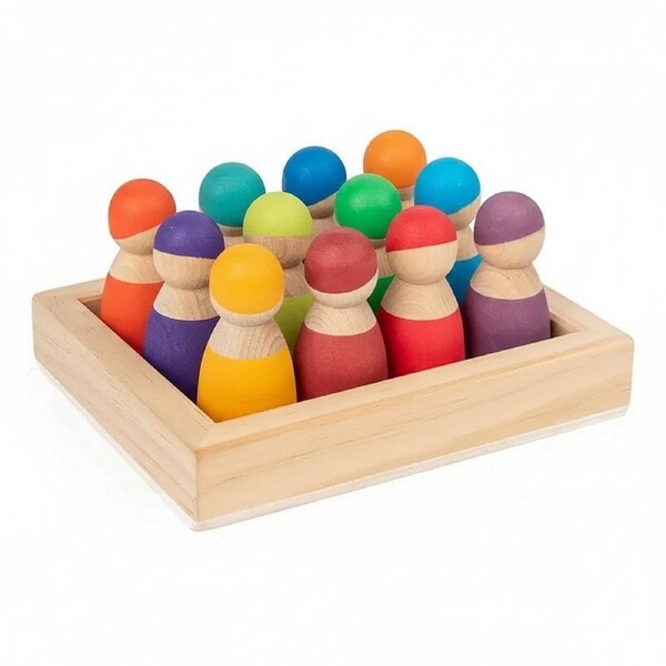 Wooden Rainbow Peg Dolls – 12-Piece Set