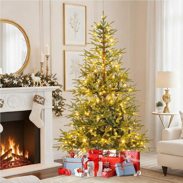 Costway 1.8M Christmas Tree 11 LED Light Mode 530 PE Tips Xmas Tree Pre-lit Hinged Decor Gift