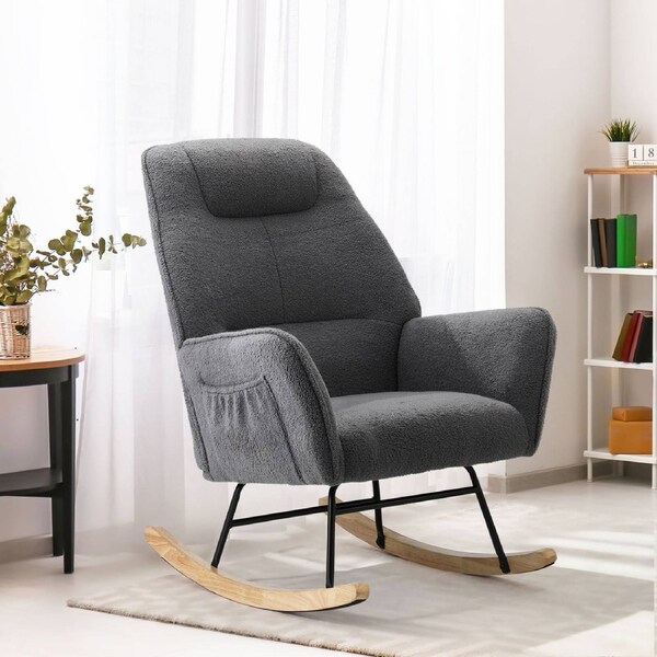 Oikiture Rocking Chair Nursing Armchair Sherpa Accent Chairs Upholstered Grey