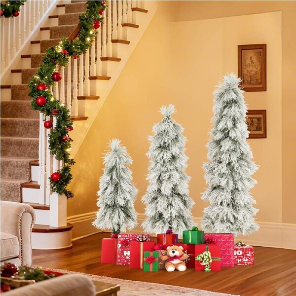 Costway 3-Piece Artificial Christmas Tree Set Pre-lit Xmas Trees w/Snow-flocked Branch Tips Warm White LED Lights
