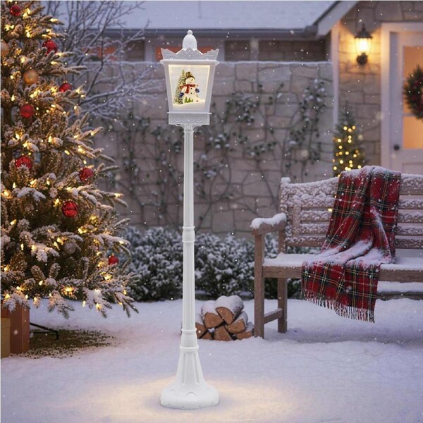 Costway 1.85m Christmas Street Lamp Musical Light Post Streetlight Lantern w/Xmas Tree & Snowman Decoration White