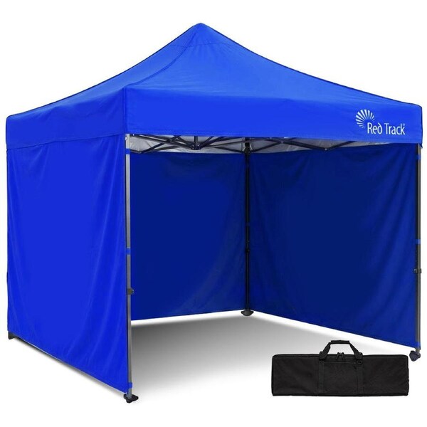 Red Track 3x3m Premium Pop Up Gazebo Marquee Patented Steel Cable Canopy Support System, Wheeled Carry Bag, Side Walls, UV Block, Reinforced Frame, Blue