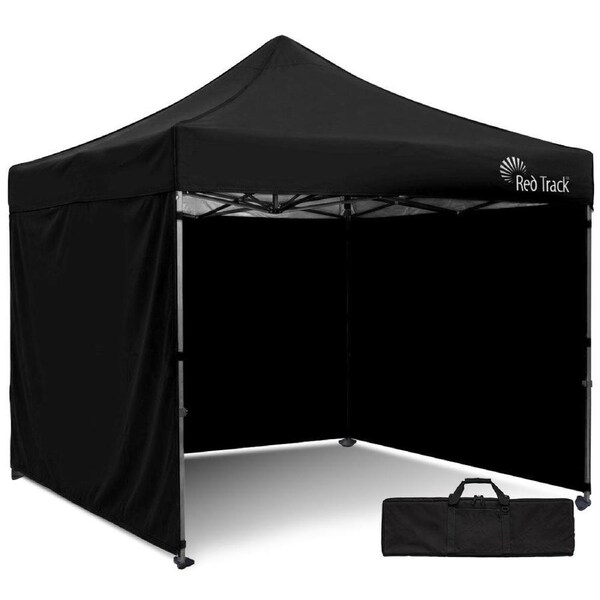 Red Track 3x3m Premium Pop Up Gazebo Marquee Patented Steel Cable Canopy Support System, Wheeled Carry Bag, Side Walls, UV Block, Reinforced Frame, Black