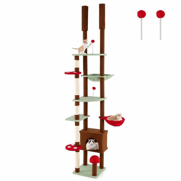 Costway Cat Tree 247-277cm Pet Tower Sisal Scratching Post Condo House w/Soft Cushions & Spring Balls