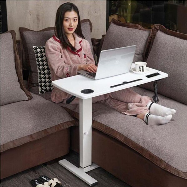 Gas-Lift Overbed Bedside Table Laptop Computer Standing Desk w/ Steel Frame White