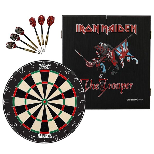 Shot Darts Ranger Bristle Dart Board + Iron Maiden Trooper Cabinet + Darts Set