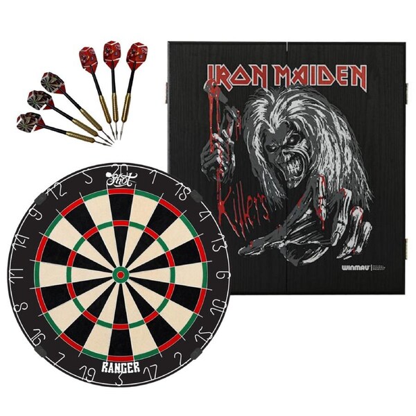 Shot Darts Ranger Bristle Dart Board + Iron Maiden Killers Cabinet + Darts Set