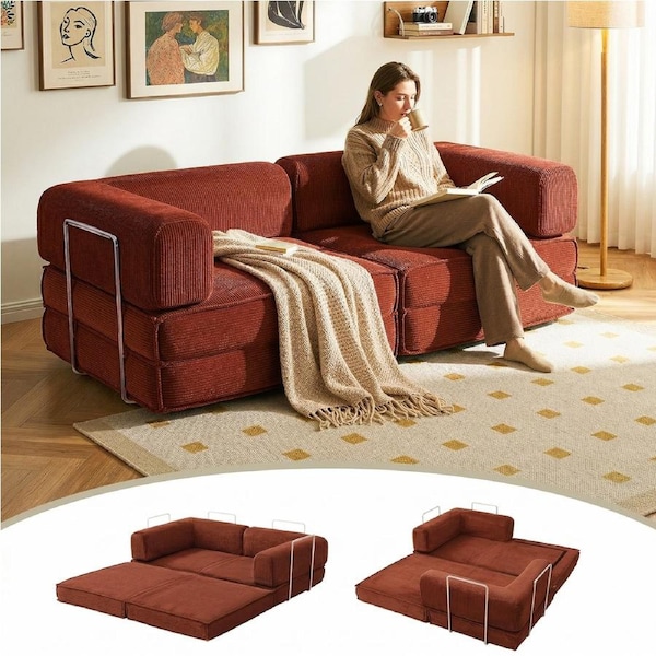 Artiss Convertible Folding Sofa Bed Corduroy Pull Out Mattress Couch Floor Sleeper Compressed Sofa Lounge Couch Chair Orange