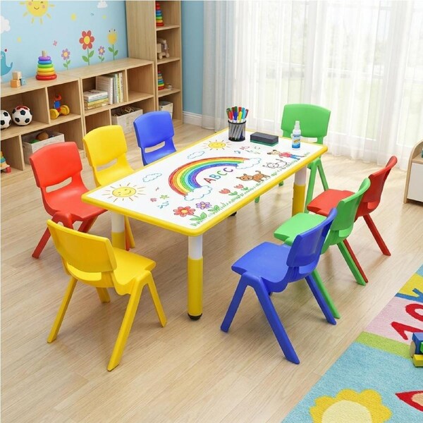 120x60cm Kids Yellow Height-adjustable Whiteboard Drawing Table and 8 Mixed Chairs Set