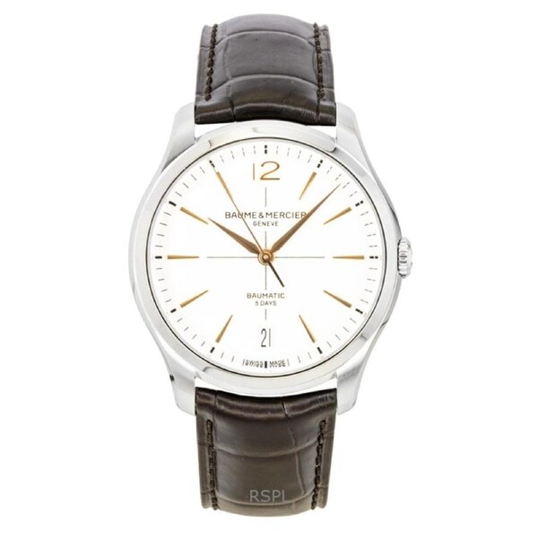 Baume & Mercier Clifton Swiss Made Automatic 21 Jewels M0A10773 Mens Watch Leather Strap Off White Dial 50M