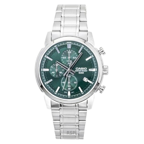 Casio Chronograph Quartz MTP-E510D-3AV Mens Watch Analog Stainless Steel Green Dial