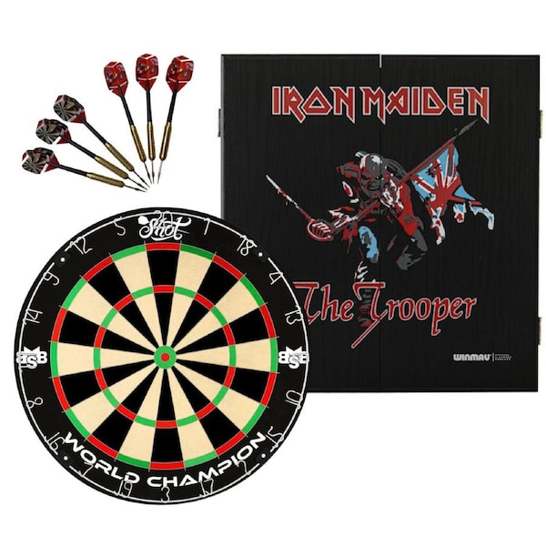 Shot Michael Smith Competition Dart Board + Iron Maiden Trooper Cabinet + Darts Set