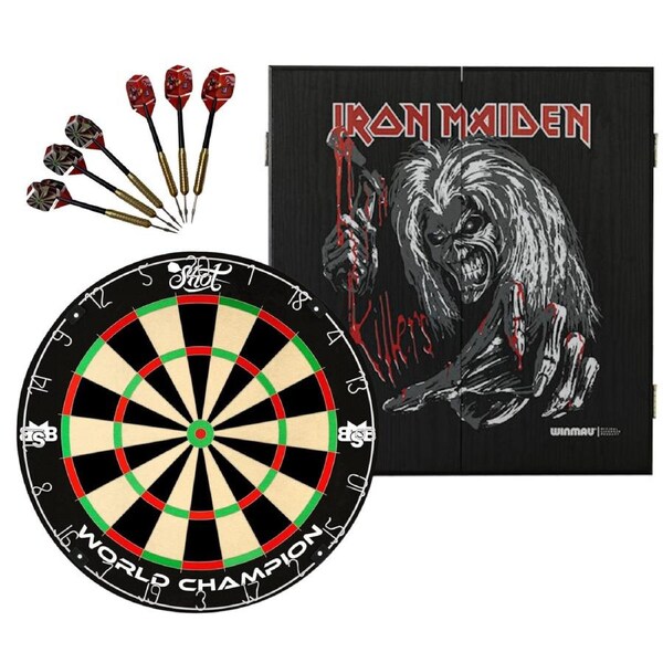 Shot Michael Smith Competition Dart Board + Iron Maiden Killers Cabinet + Darts Set