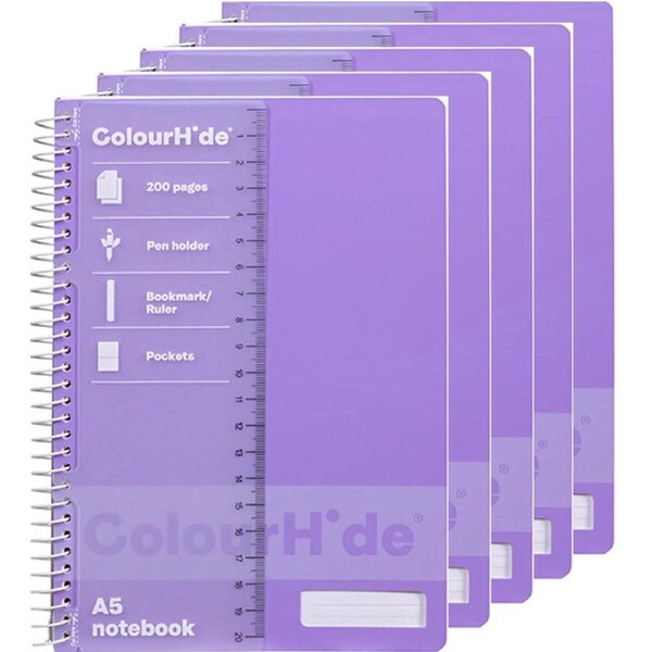 Colourhide Notebook A5 200 Pages Lavender Purple Spiral Pack 5