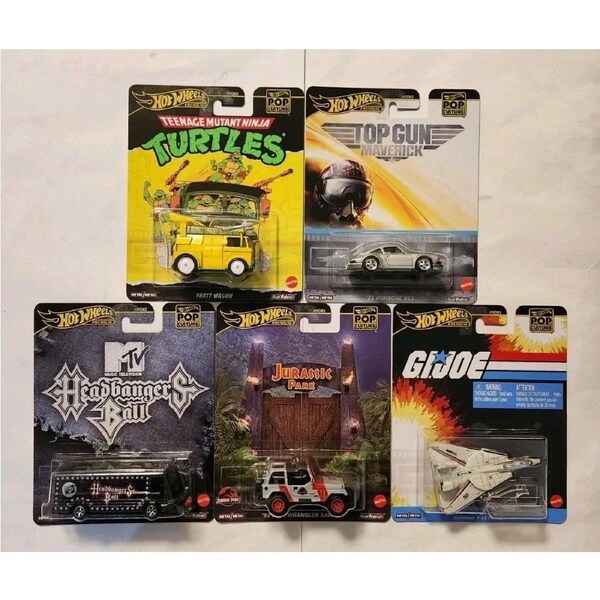 HOT WHEELS COMPLETE SET OF 5 POP CULTURE TURTLES TOP GUN MTV JURASSIC PARK GIJOE