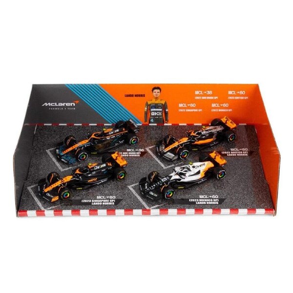 Bburago 1:43 Scale McLaren F1 Racing Car Model #4 Lando Norris 4 Piece Gift Pack
