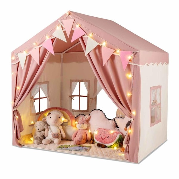 Costway Large Play Tent Playhouse Castle Tent Teepee Gift w/Washable Mat Star Lights 2 Doors Pink