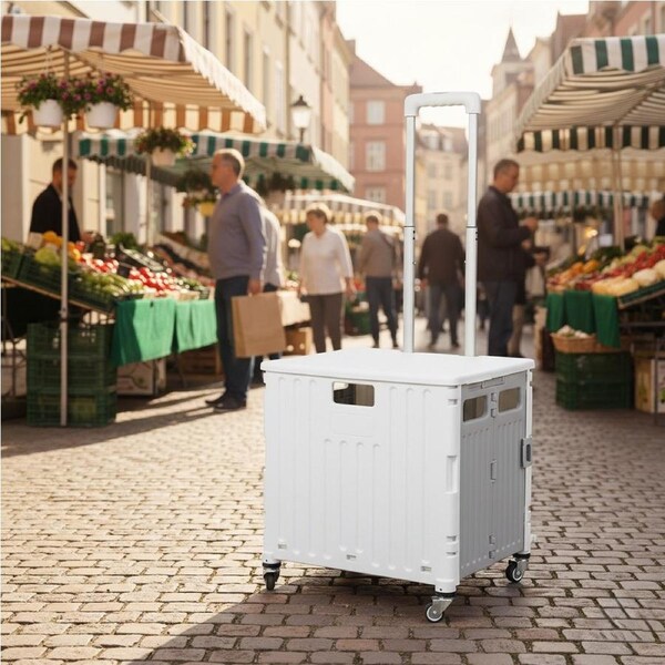 Traderight Folding Shopping Trolley Cart Portable Rolling Grocery Basket Wheel White