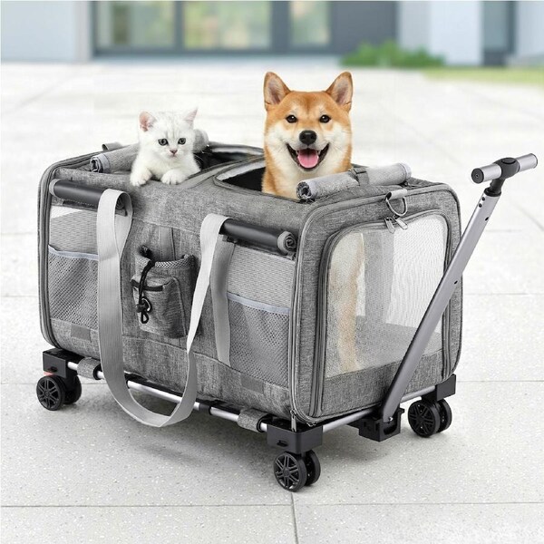 i.Pet Pet Carrier Swivel Wheels Stroller Foldable Cat Dog Trolley Travel Bag Grey