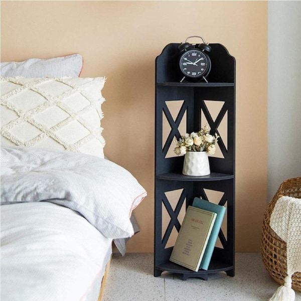 DelSol Corner Shelf Stand 3 Tier Bathroom Storage Organizer Toilet Paper Holder Stand Waterproof Black