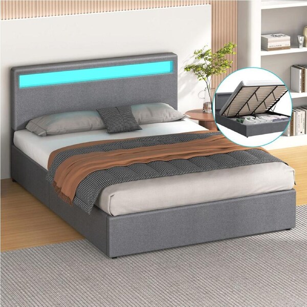 ALFORDSON Bed Frame King RGB LED Gas Lift Base Grey