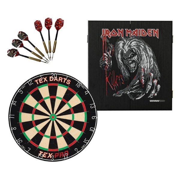 TEX PRO Tournament Blade Dart Board + Iron Maiden Killers Cabinet + Darts Set