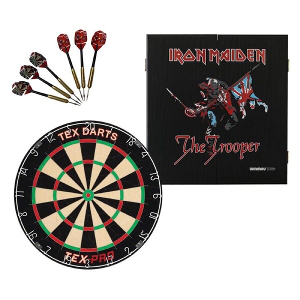 TEX PRO Tournament Blade Dart Board + Iron Maiden The Trooper Cabinet + Darts Set