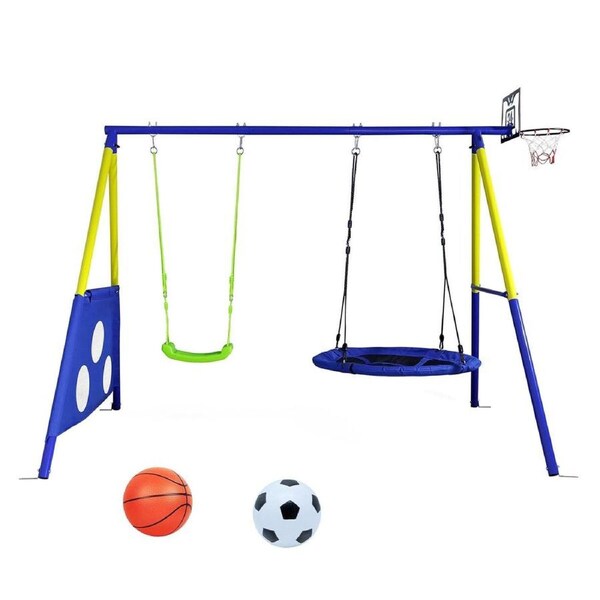 Outdoor Play Swing Set Basketball Hoop Flying Saucer Seat Chair Sports Football Gates Playground 4In1 Garden Yard Children Sensory Playset Metal Stand