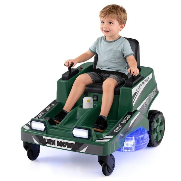 Babyjoy Kids 12V Electric Car Ride on Lawn Mower w/Dual Control Sticks LED Lights Toy Car Green
