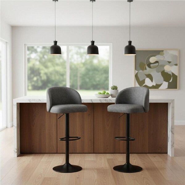 1 Set of 2 Levede Bar Stools Gas Lift PU Leather Swivel - Dark Grey