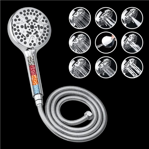 Bathroom 5" Filter Handheld Shower Head 8 MODE+Toilet Bidet Spray Function Chrome 1.5 Hose Set