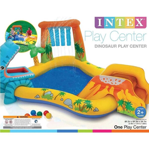 Intex Dinosaur Inflatable Swimming Pool - Size 249x191cm Play Centre - Suitable for Kids 3y+ - Six Colourful Balls and Volcano