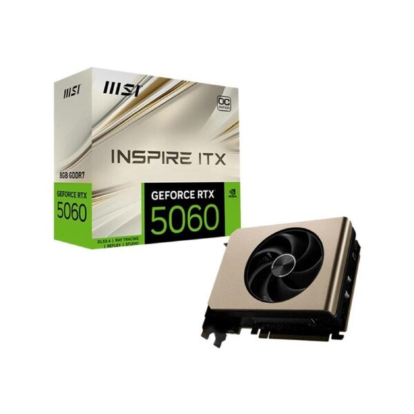 MSI nVidia GeForce RTX 5060 8G INSPIRE ITX OC, Boost: 2535 MHz, CUDA 3840 Units, 8GB GDDR7, PCI Express Gen 5 x16 (uses x8). HDMI x 1 (emabargo)