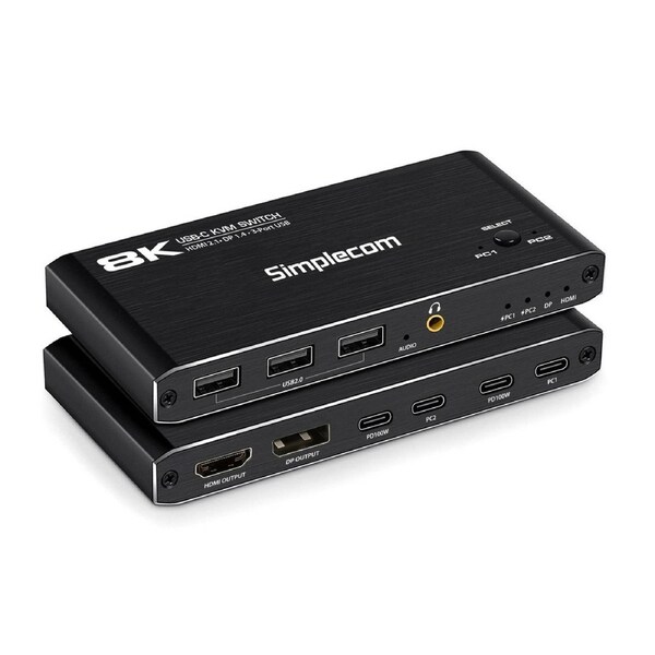 Simplecom KM470 2-Port USB-C KVM Switch 8K Docking Station HDMI 2.1 DP