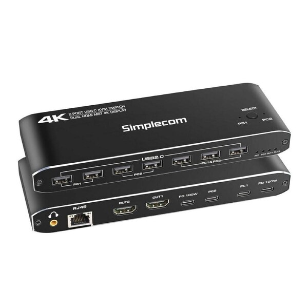 Simplecom KM590 2-Port USB-C Dual 4K HDMI Monitor KVM Switch and Docking