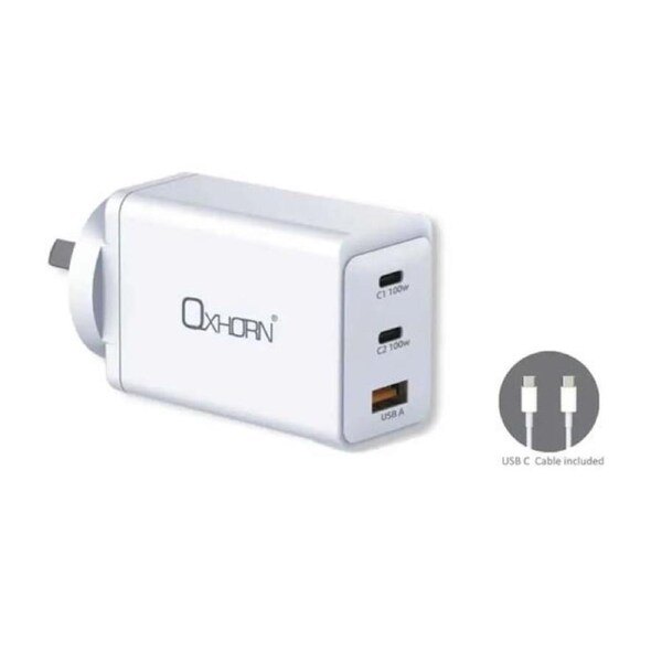 Oxhorn Charger Accessories AC 100W GaN Type C fast Charger 3 Ports 2xUSB-C 1xUSB-A PD3.0 QC4.0+ PPS for Laptop/Mobile/Tablet/Other Device White