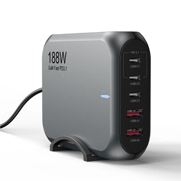 USP 188W Five Ports USB-C PD GaN Wall Charger Black - 3x USB-C, 2x USB-A, Efficient, High Quality, Tablet, Laptop,Watch, iPhone, 2 Year Warranty