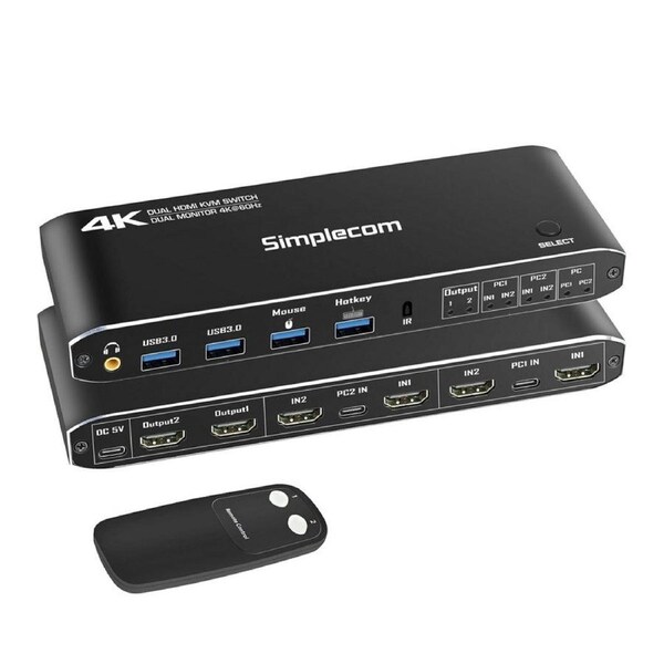 Simplecom KM430 Dual HDMI Monitor KVM Switch for 2 Computers with 4-Port USB Hub 4K@60Hz Keyboard Hotkey