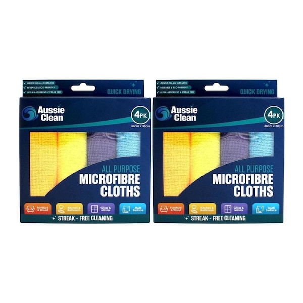 Aussie Clean Handy Microfibre Cloths 8-Pack (30x30cm) - Bulk Value Cleaning