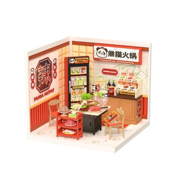 Rolife DW020 Panda Hot Pot Miniature Set - Cute Animal-Themed DIY Dollhouse Accessories for Bookshelf Decor