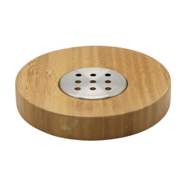 NF Living Round Soap Dish 13x2cm Bamboo & Metal For Bathrooms - Natural