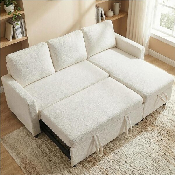 Advwin Sectional Sofa Couch w/ Pull Out Bed L Shaped Reversible Sleeper Sofa Bed w/ Storage Chaise Beige