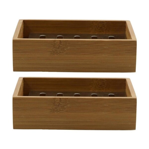 2PK NF Living Rectangle Soap Dish13x10cm Bamboo & Metal For Bathrooms - Natural