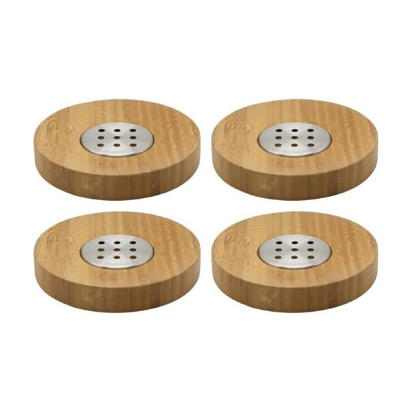 4PK NF Living Round Soap Dish 13x2cm Bamboo & Metal For Bathrooms - Natural