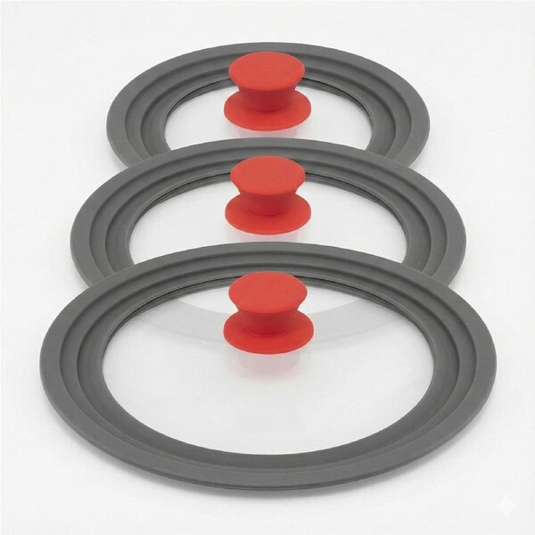 3pcs Set Pyrolux Universal Glass and Silicone Lid to Fit All Fry Pans in Red/Grey (3 Different Sizes)